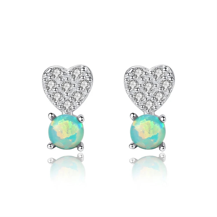 New Love Heart Opal Earrings 925 sterling silver Crystal Natural Opal Stud Earrings
