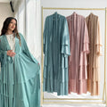 Loriya Wholesale Islamic Clothing Abaya Women Muslim Dress 3 Layers Satin Layered Open Abaya Dubai Turkey EID Ramadan Abaya