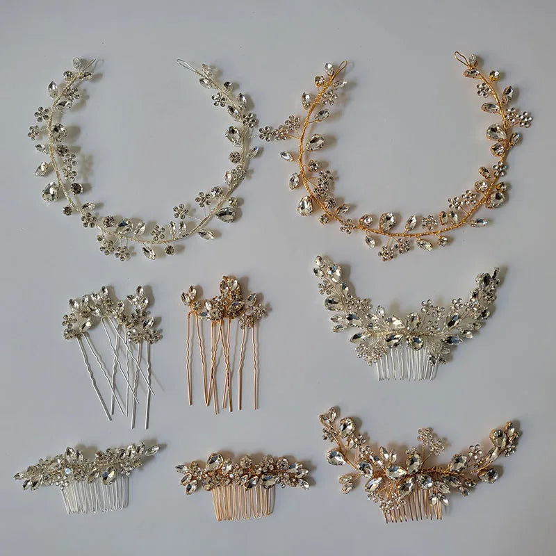 SLBRIDAL Handmade Austrian Crystal Rhinestones Bridal Jewelry Set Wedding Tiara Headband Bracelet Clip Earring Set Women Jewelry