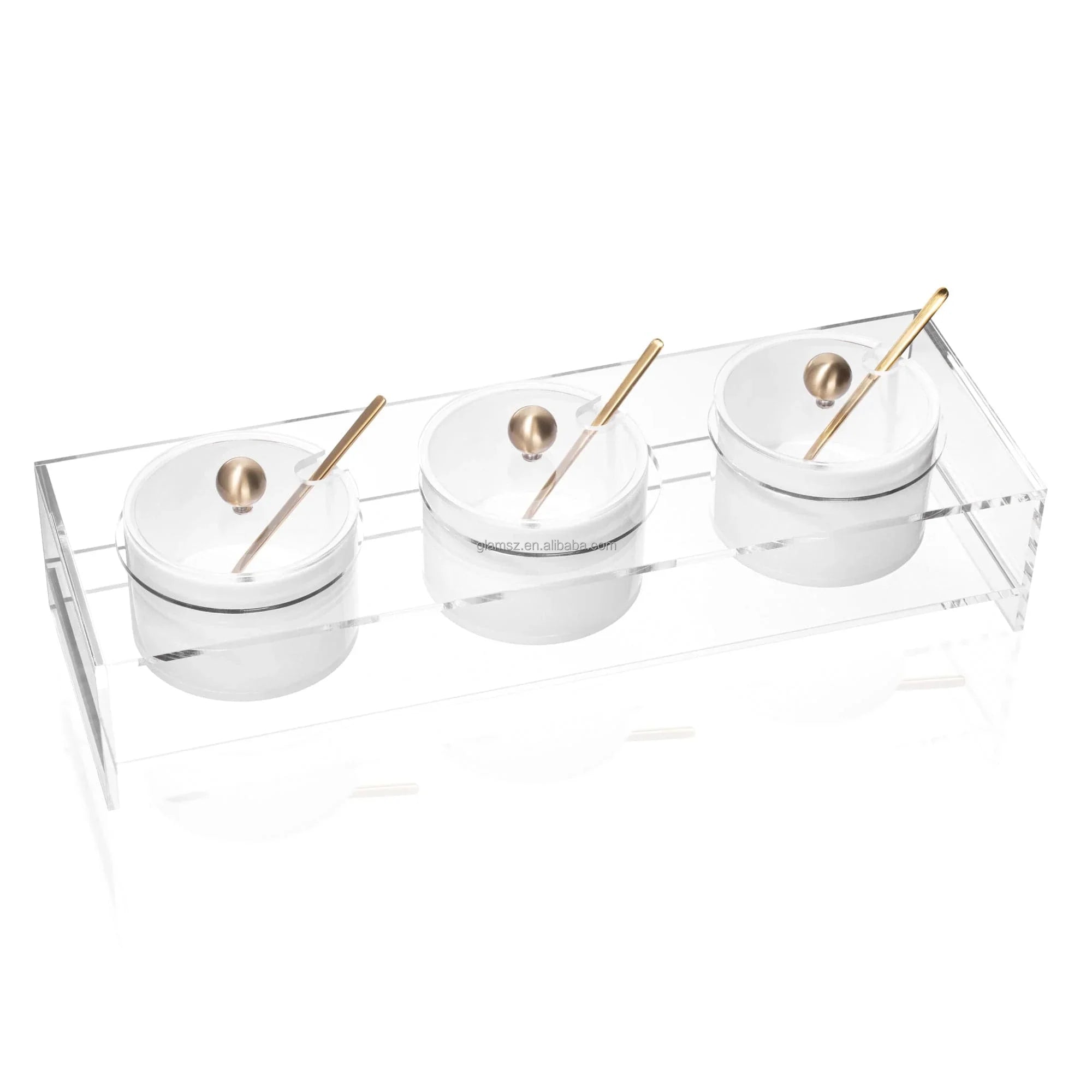 Suspended Pearlstone Dip Bowl Set with Gold Spoon Judaica Branch Design Three Sectional Lucite Bowls Dip Dish Set with Lid