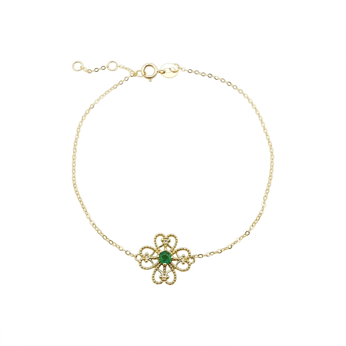 Hot Sale 9K Solid Gold Gemstone Flower Shape Bracelet Chain Link Natural Emerald 9k Real Gold Bracelet Fine Jewelry Wholesale
