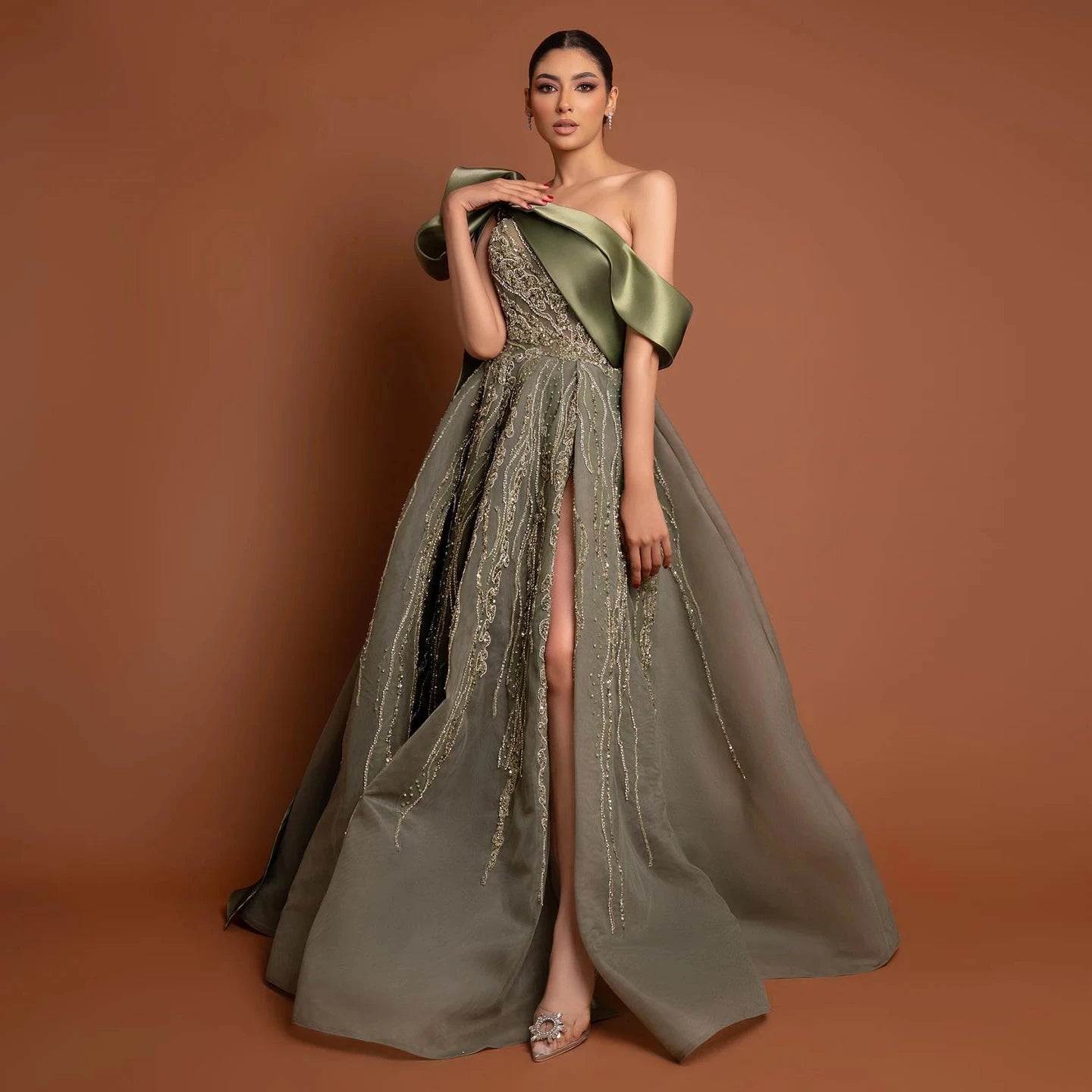 Jancember SZ323 Fashion Olive Green Sequins One Shoulder Dubai Evening Party Gowns Dresses