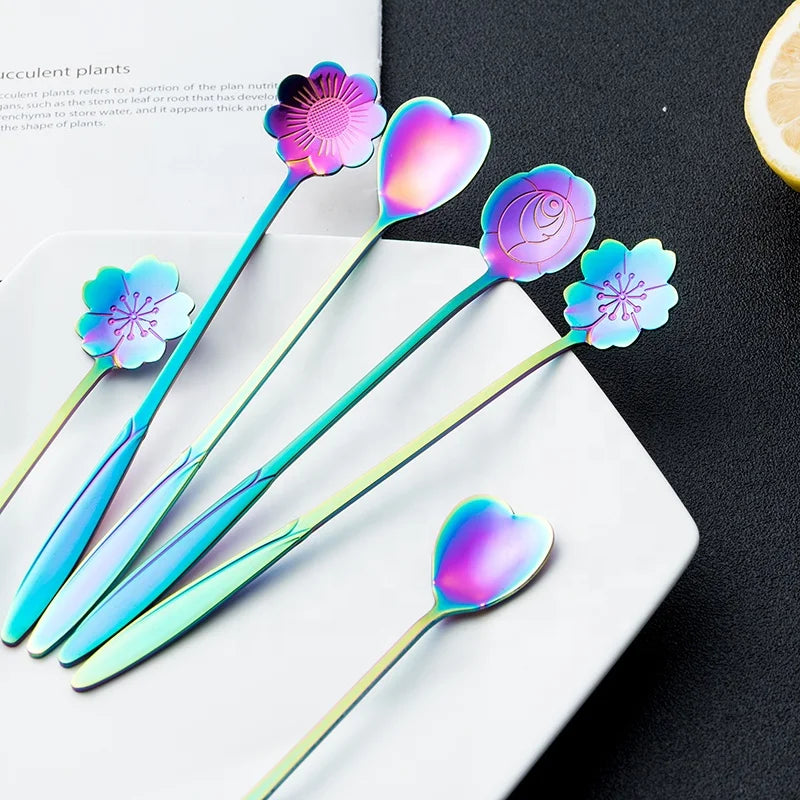 2025 Popular 18cm Stainless Steel Multi-Colorful Coffee/Sugar Spoon with Colorful Pattern Metal Material