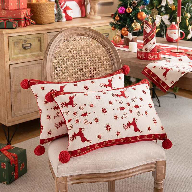 Amazonn Yarn Dyed Jacquard Pillowcase Cartoon Reindeer Christmas Tree European American Holiday Sofa Cushion Cover Pillow Cover