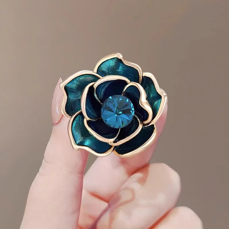 Light Luxury Peacock Blue Camellia Flower Brooch Pin for Women Female Dripping Oil Brooch High-Grade Brooch Needle Accessories