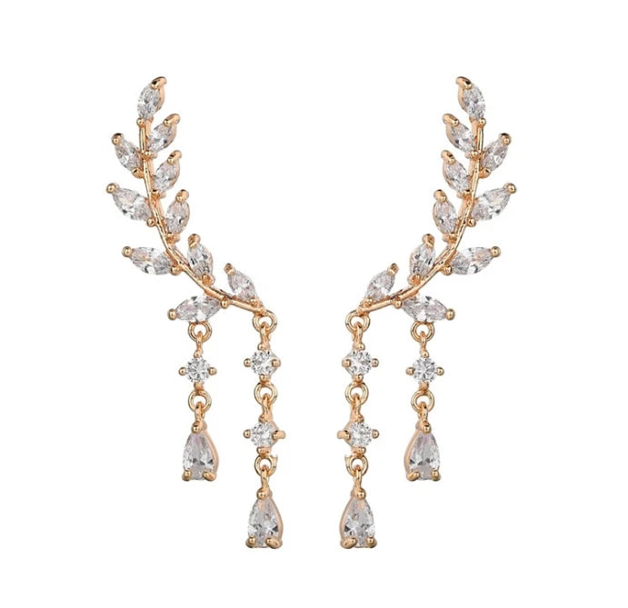 Flash Diamond Pop Leaf Leaf Tassel  White Crystal Drop Stud Earrings