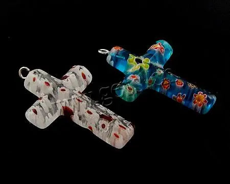 20x31x6mm Millefiori Glass Cross Pendant with Iron Bail
