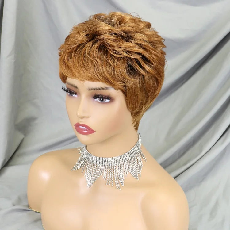 Natural Fluffy Short Pixie Cut Wig Brown Color Human Hair Wig with Bangs Glueless Full Machine Made Wigs for Black Women