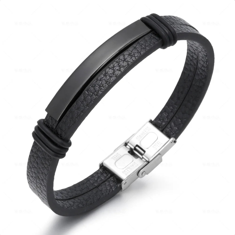 Wholesale Leather Double Layer Bracelet Stainless Steel Add Custom Logo Bracelet for Men Jewelry