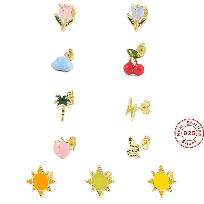 Europe and America Best Selling Classic Gold Plated S925 Sterling Silver Fruit Serie Single Oil Drop Party Ear Studs Earrings