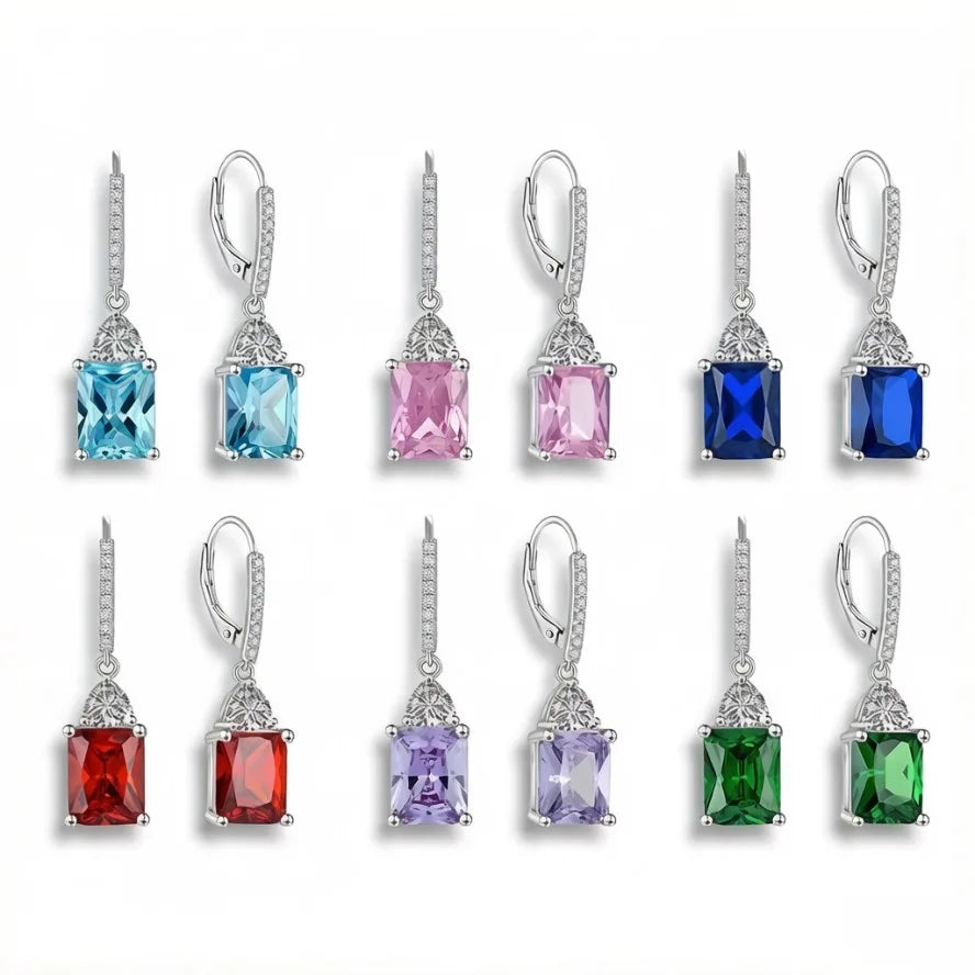 Wholesale Genuine 925 Silver Radiant Cut Drop Earrings Rhodium Plated Colorful Zircon Jewelry