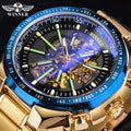 Winner Blue Light Glass New Fashion Mens Watches Black Golden Stainless Steel Waterproof Sport Automatic Watch Luminous Clock