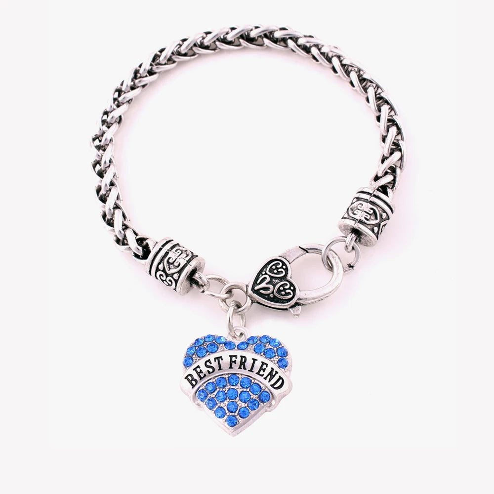 B500191 Fashion Jewelry Letter BEST FRIEND Crystal Heart Shape Pendant Wheat Chain Bracelet