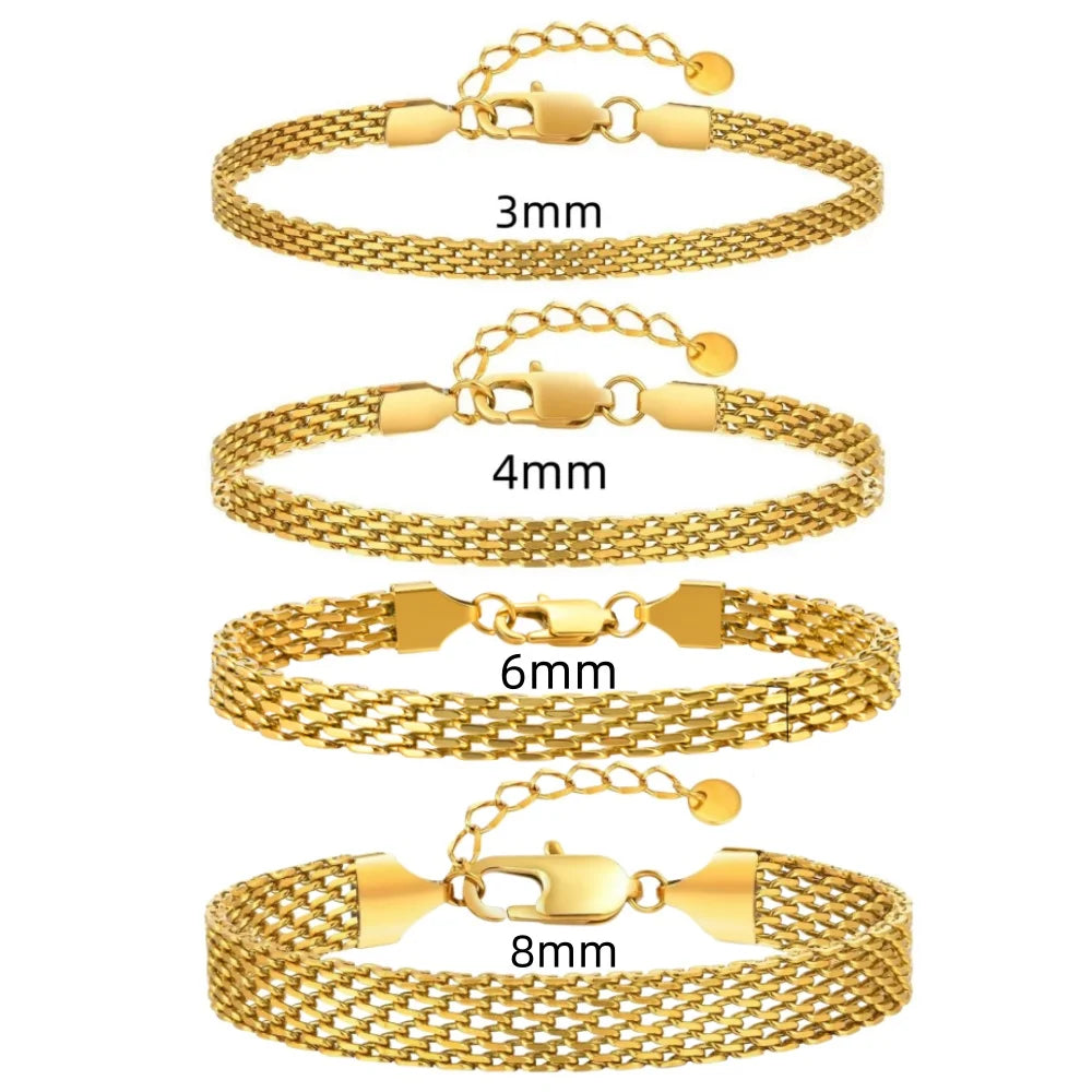 Women Men 3 4 6 8MM Wide Tarnish Free Jewelry Mesh LInk Chain Bracelet IP 18K Gold Plated Stainless Steel Mesh Bracelet