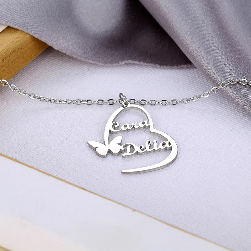 Custom Personalized Name Necklace Jewelry Stainless Steel Butterfly Heart Shaped Pendant Gold Plated Choker Initial Necklace