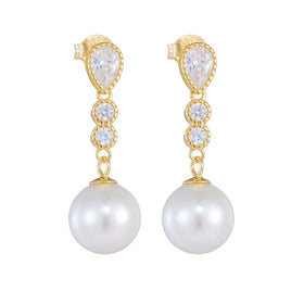 Fashion Jewelry 925 Sterling Silver Earrings Round Pearl Pendant Water Drop Diamond Gold Plated Stud Earrings for Women