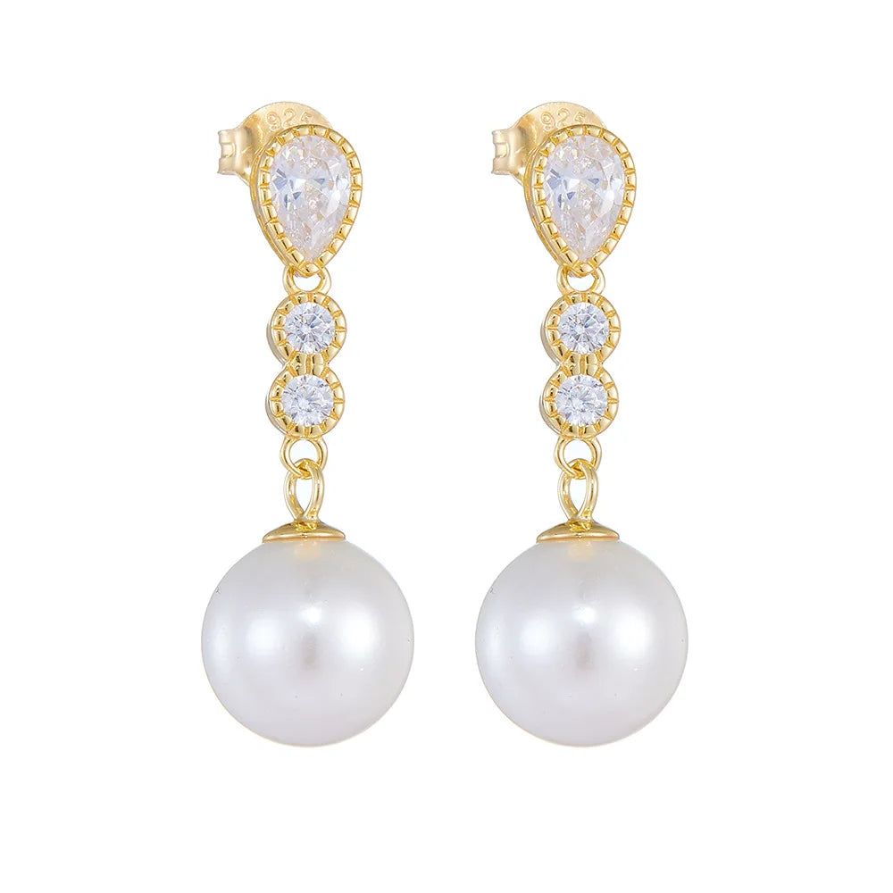 Fashion Jewelry 925 Sterling Silver Earrings Round Pearl Pendant Water Drop Diamond Gold Plated Stud Earrings for Women