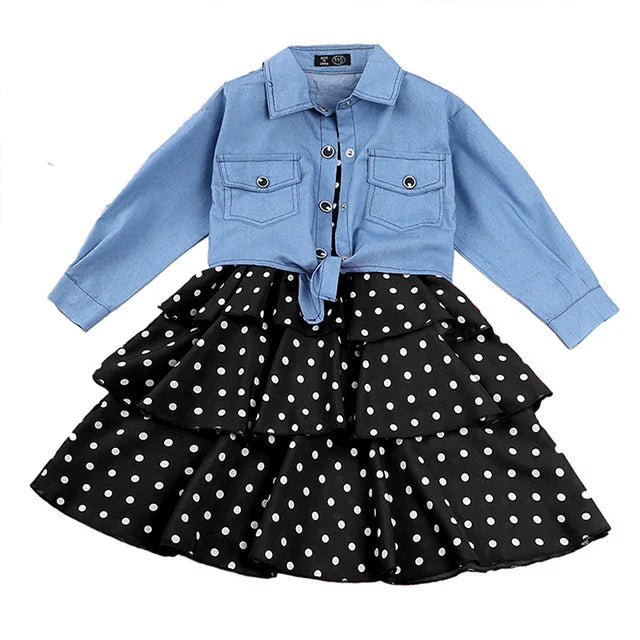 Summer Girls Clothes Fashion Children's Clothes Short Sleeve Denim Jacket +Polka Dot Tutu Dress 2 Pcs Suit Kids Girls 3-12 Years