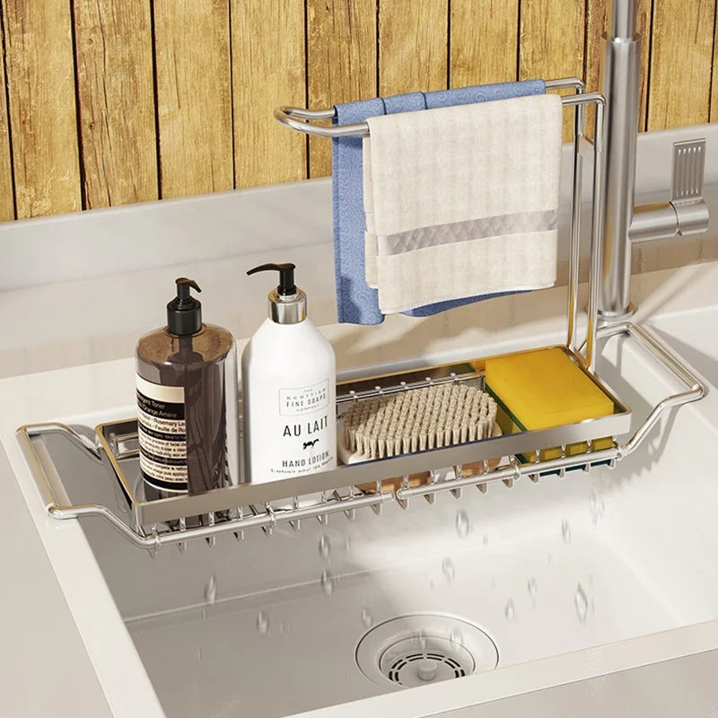 Steel Telescopic Sink Storage Rack Expandable Kitchen Organizer with Dish Rack Caddy Soap Sponge Holder and Drain Use
