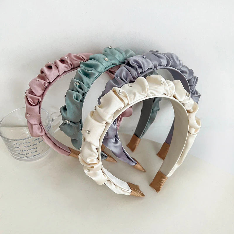 Accept ODM OEM Pleated Rhinestone Hairband Satin Puffy Wide Diamond Fabric Headband Crystal Wrinkled Padded Scrunchy Hair Band