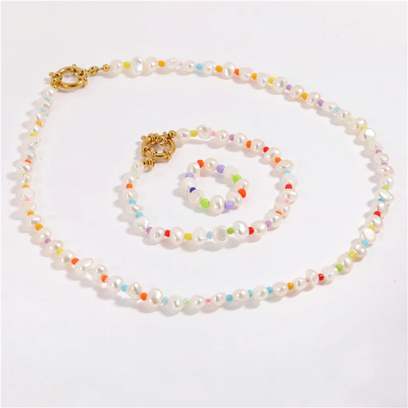 Fenny Gold Plated Waterproof Elegant Colorful Bead Natural Pearl Choker Necklace Bracelet Earring 3pcs Jewelry Set Wholesale