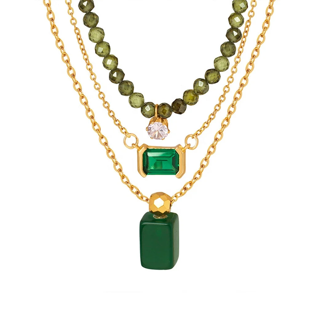 Stainless Steel Alin Emerald Beads Handmade Natural Stone Necklace Set for Women Jewelry