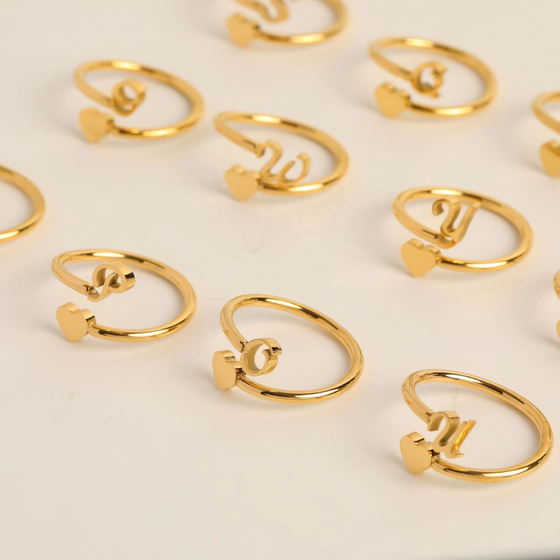 Hot Sale Fashion Stainless Steel Initial Rings 18K Gold Plated Heart Shape 26 Alphabet Adjustable Couple Rings