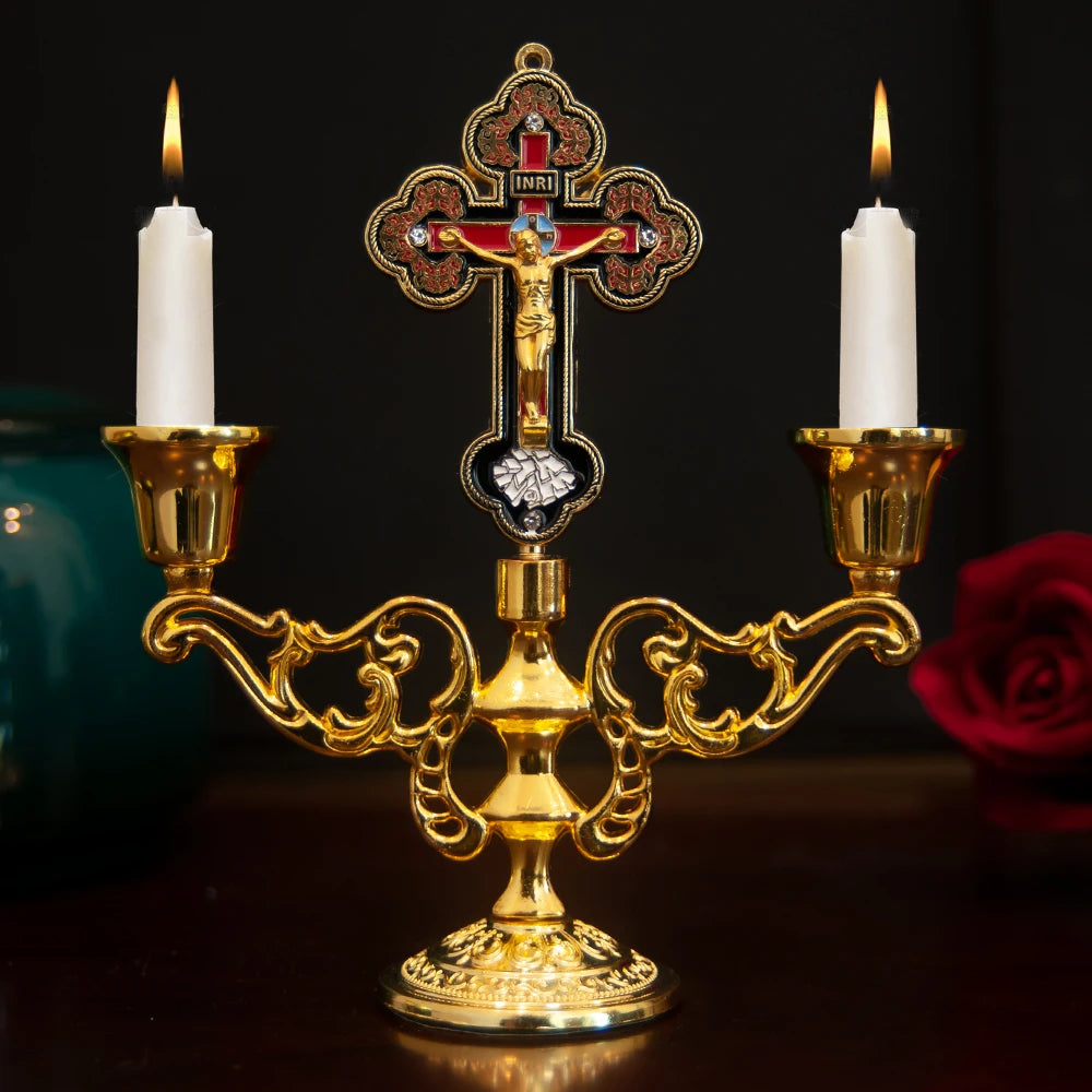 Catholic Cross Church Candle Holder Sacred Altar Candelabra for Religious Ceremonies Antique Gold Home Chapel Devotional Decor