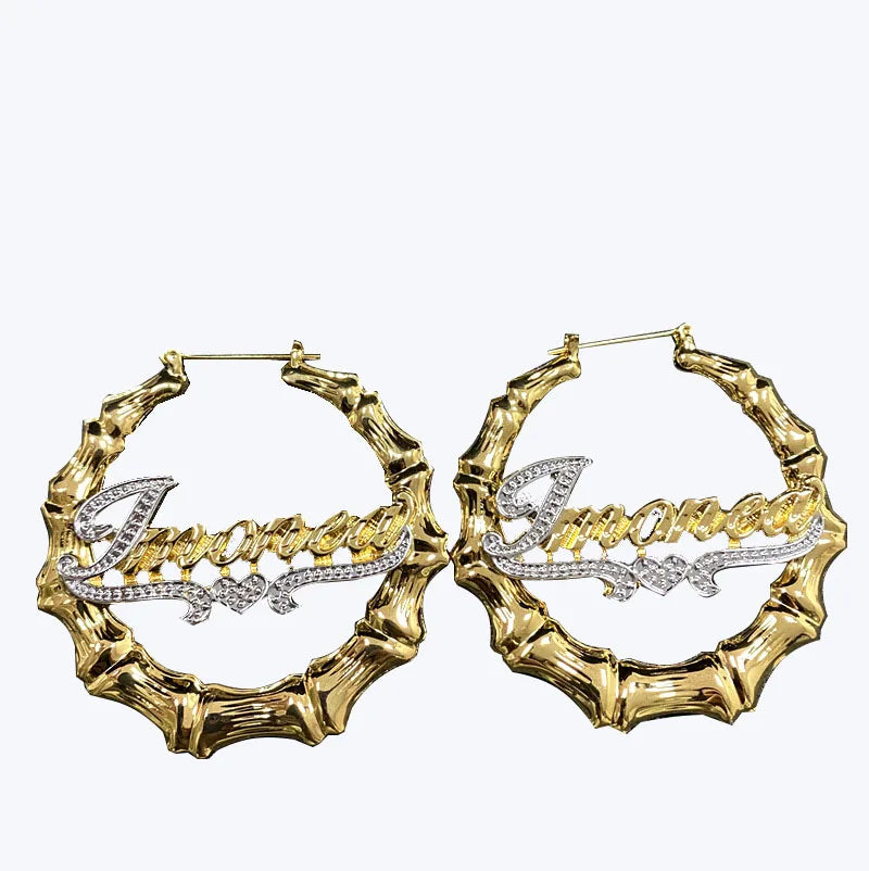 Qiuhan OEM Custom Stainless Steel Letters Bamboo Earrings Women Two Tones Plated Name Earrings