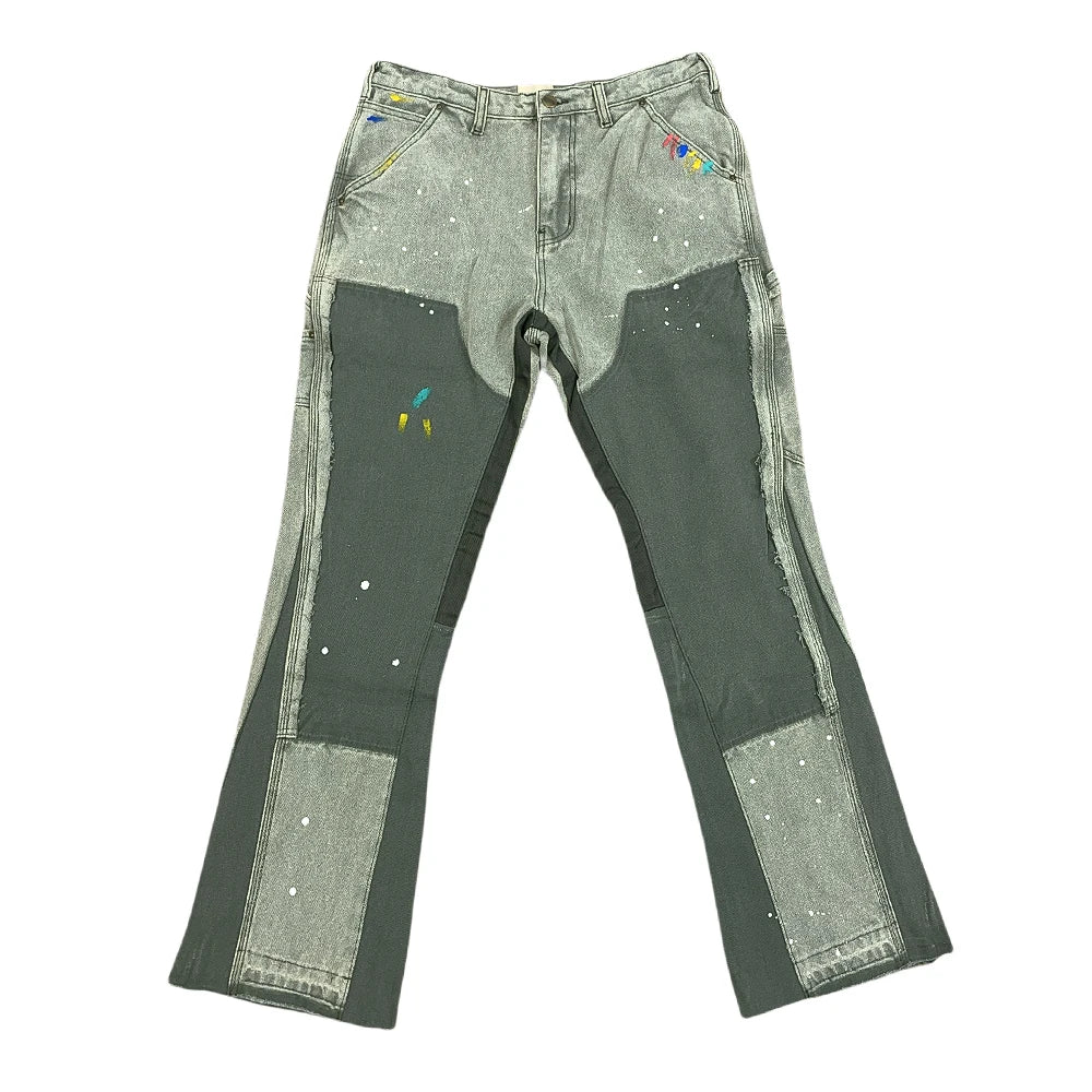 TOPSHOW DENIM Custom Designer Double Knee Spray Painted Flare Jeans Pant Acid Wash Vintage Carpenter Jeans Men