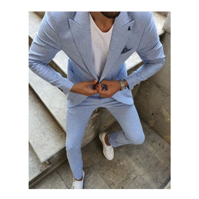 2025 New 2 Pieces Men Suit Slim Fit Light Blue Buttons Fly Costume Tuxedo Suit Groomsman Wedding Suites Men Clothes