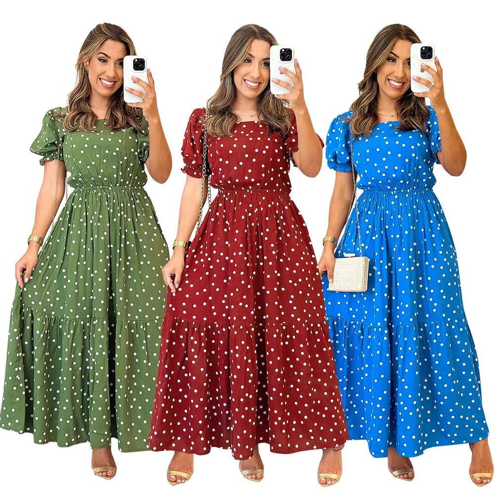 Y10540 Latest Design Bohemian Summer Dresses Women Casual Elegant Square Neck Retro Short Sleeved Red Polka Dot Dress for Women