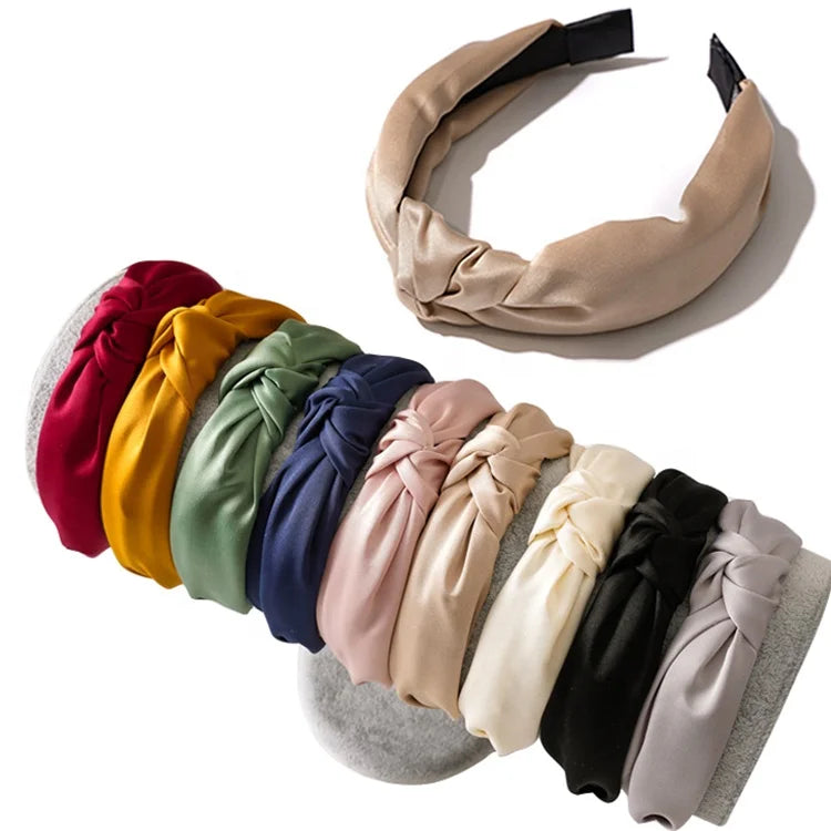 Wholesale Pure Color Soft Satin Silk Fabric Hairband Knotted Headbands Hair Accessories for Women