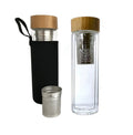 15oz Bamboo Wooden Lid Double Wall High Borosilicate Glass Tea Bottle with Strainer & Infuser for Loose Tea