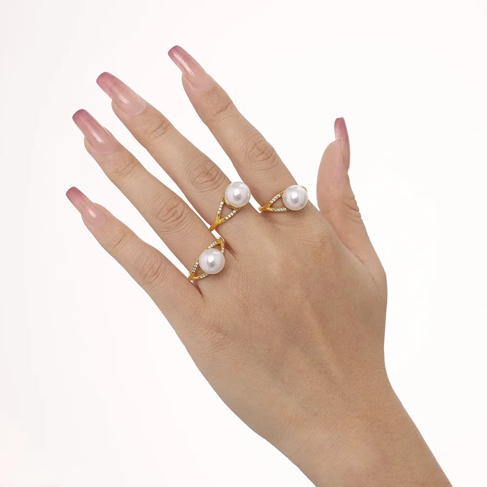 Fashion Jewelry Adjustable Stainless Steel 18K Gold Plated Ring for Girl Luxury Imitation Pearl Ring Wholesale