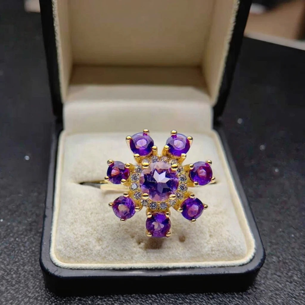 Classic 925 Sterling Silver Natural Amethyst Wedding Rings Waterproof Jewelry for Women's Party and Anniversary