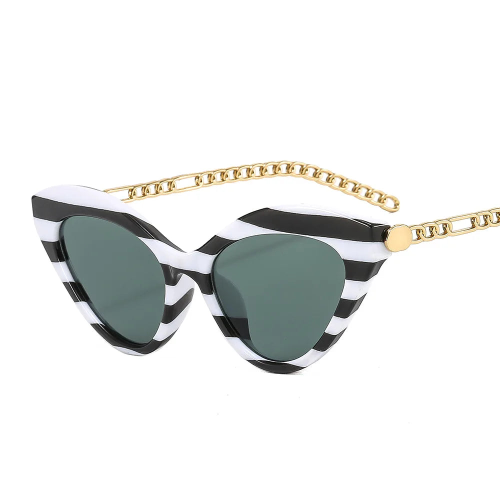 2022 New Style Cat's Eye Fashion Women's Glasses Popular Gold Chain Frame Cattle Zebra Striped Triangle Cat's Eye Sunglasses