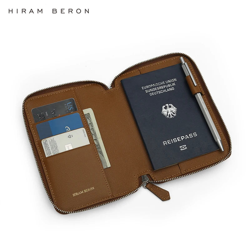 Hiram Beron Light Brown Luxury Leather Passport Wallet  Personalized Custom Rfid Passport Holder Dropship and Wholesale