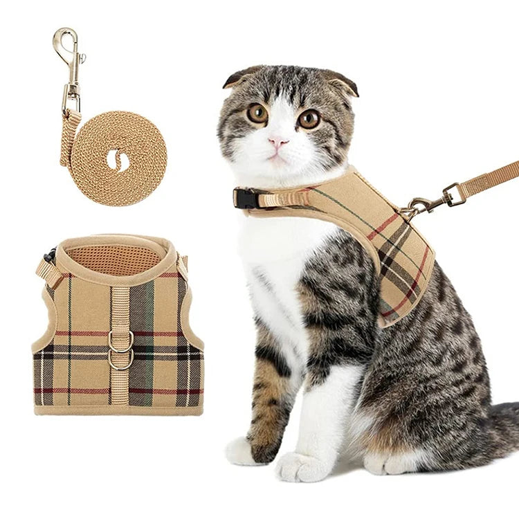 Factory Direct Sale Pet Supplies Soft Breathable Plaid Outdoor Training Cat Harness and Leash
