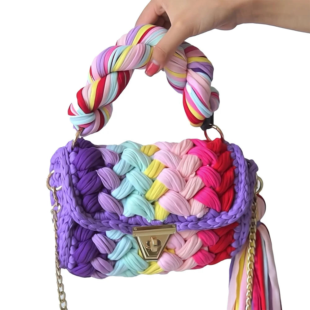 Fashion Multicolor T-shirt Yarn Crochet Shoulder Bag Handwoven Multiple Colors Crochet Handbag for Women