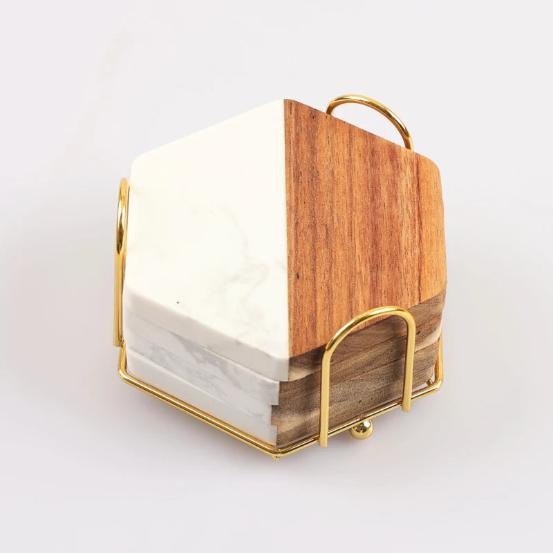 Wholesale Custom Logo High Grade Wooden Hexagon Shaped Coasters Marble and Wood Mats & Pads