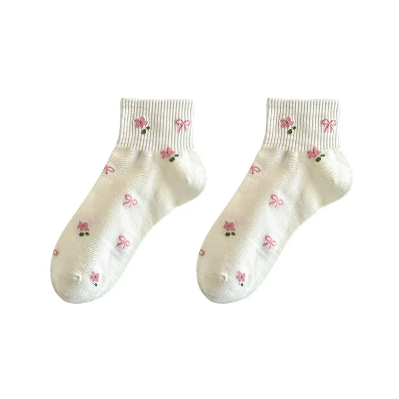 Spring Summer Korean Cute Sweat Flowers Ankle Women Cotton Short Socks