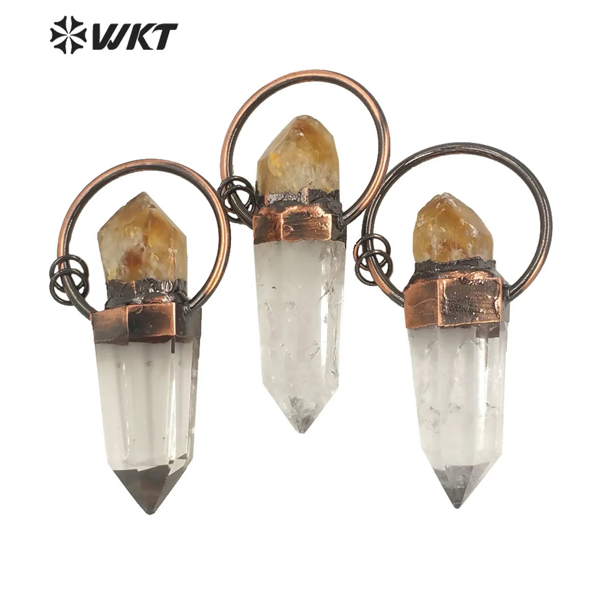 WT-P1681 WKT Women Natural Crystal Quartz Point with Yellow Citrine Combined Pendant Boho Antique Copper Crystal Pendant