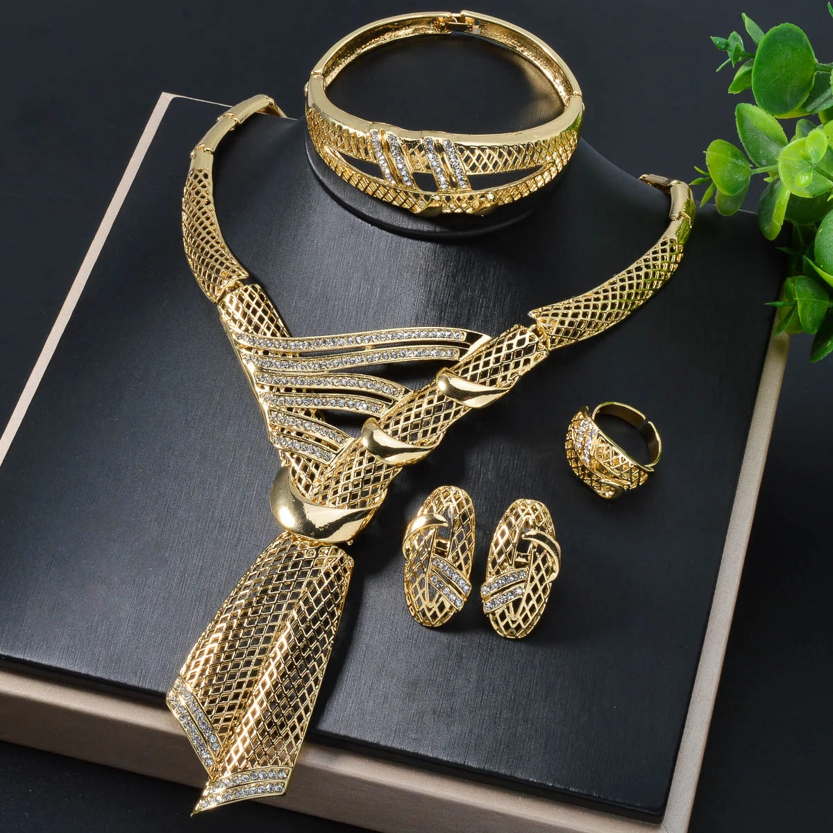 Fashion Luxury European Brazilian 14k Gold Plated Bracelet Earring Cubic Zirconia Big Necklace African Gold Bridal Jewelry Sets