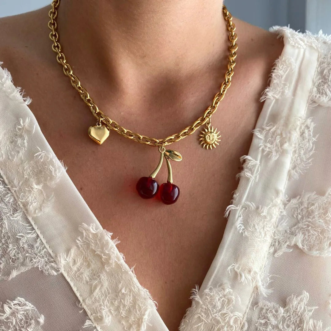 Vintage Style Women's Titanium Steel Cherry Chains Necklace Link Chain Fashion Jewelry Heart Claw Setting for Anniversary