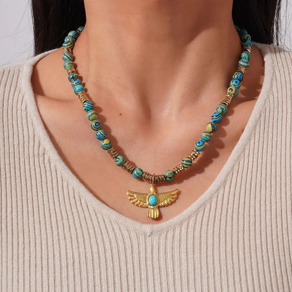 Newest Design Blue Turquoise Loose Beads Necklace Stainless Steel Eagle Pendant Natural Stone Necklace
