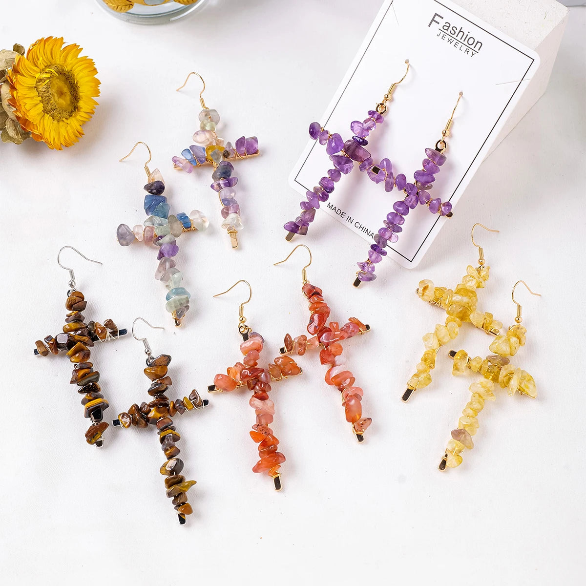 Wholesale Natural Crystal Healing Gravel Stone Crystal Chips Cross Eardrop Earring Ornament Crafts