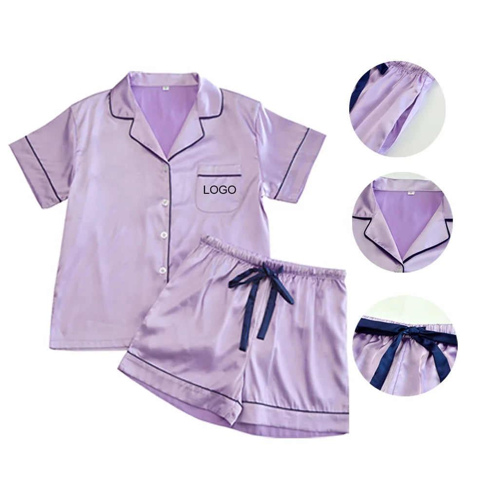 Factory Wholesale High Quality Luxury Silk Short Sleeve and Shorts With Drawstring Women's Satin Pajamas Set Sleepwear