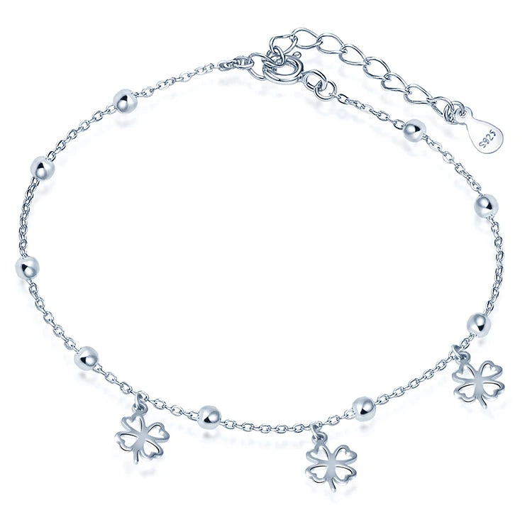 Real Silver Anklets Lucky Four Leave Clover Foot Bracelet for Women