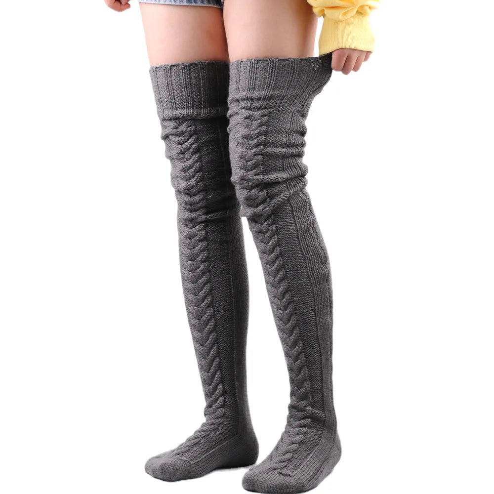 Women's Extra Long Acrylic Cable Knitted Thigh-High Boot Socks Over-Knee Leg Warmers Breathable Winter Stockings